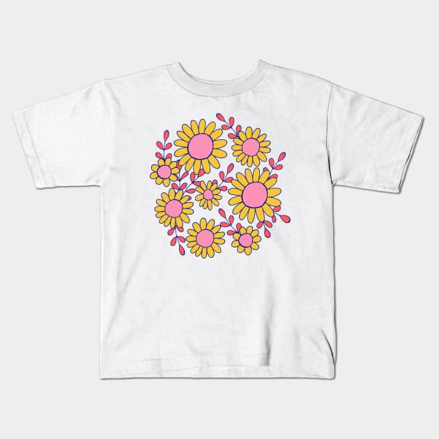 Retro 70s daisy flowers botanical design in blue, pink and yellow Kids T-Shirt by Natalisa